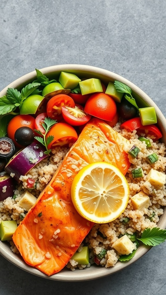 A colorful Salmon Quinoa Bowl with salmon, quinoa, cherry tomatoes, cucumbers, olives, and a slice of lemon.