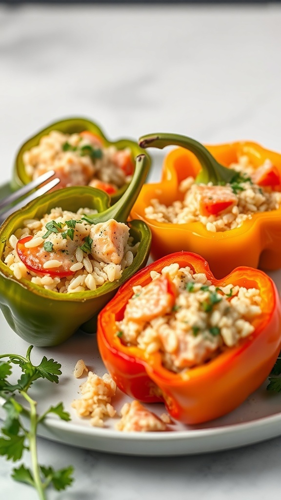 Colorful stuffed bell peppers filled with salmon and rice on a plate
