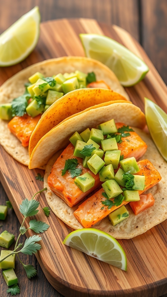 Salmon tacos topped with avocado salsa on a wooden platter with lime wedges
