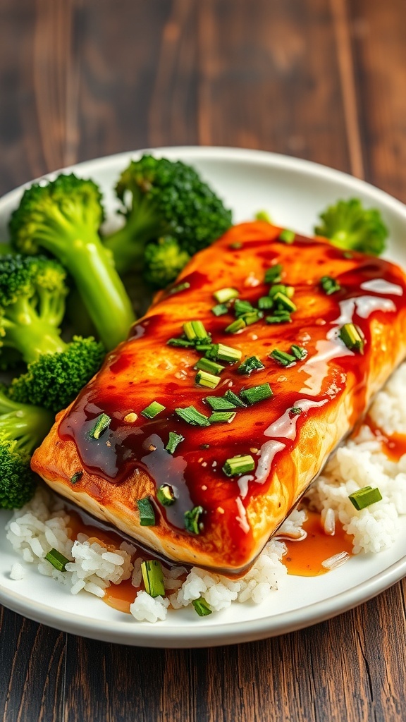 A plate of salmon teriyaki with rice and broccoli