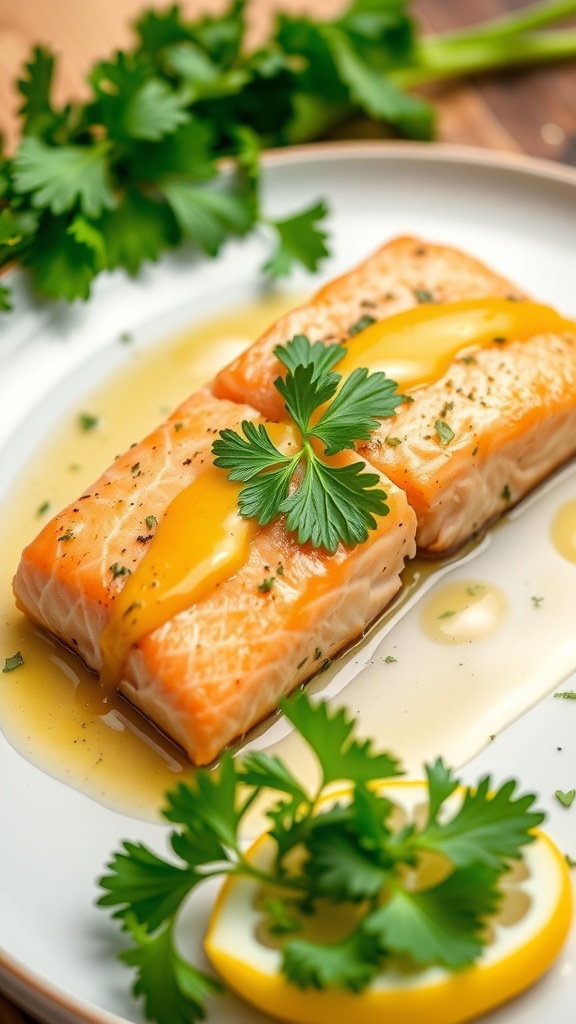 Salmon fillets with garlic butter sauce, garnished with herbs and lemon slices.