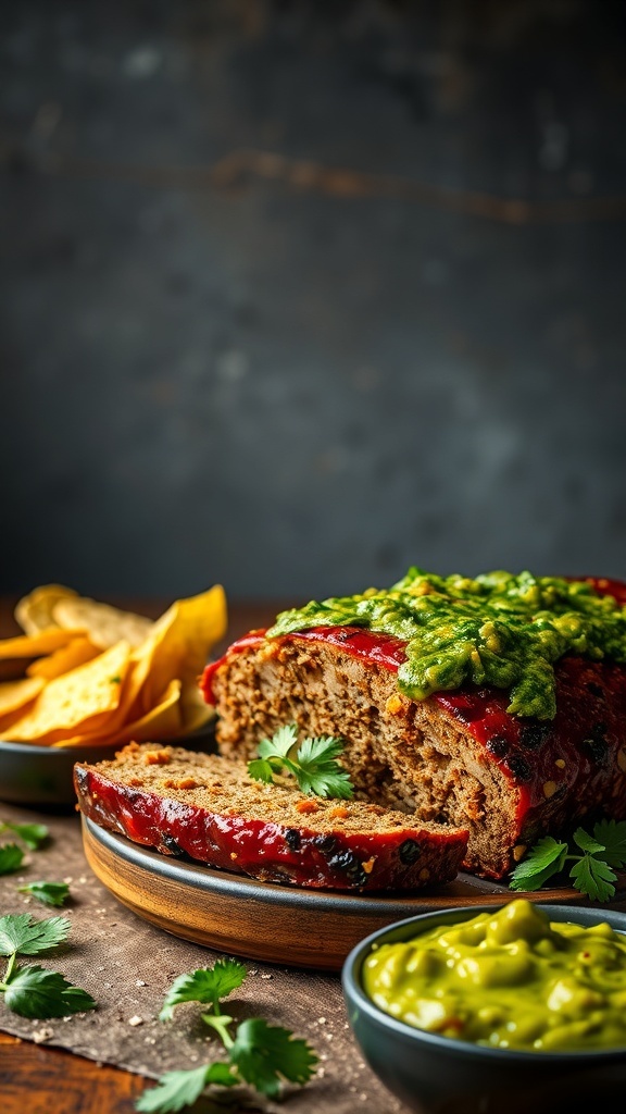 Salsa Verde Meatloaf with tortilla chips and guacamole
