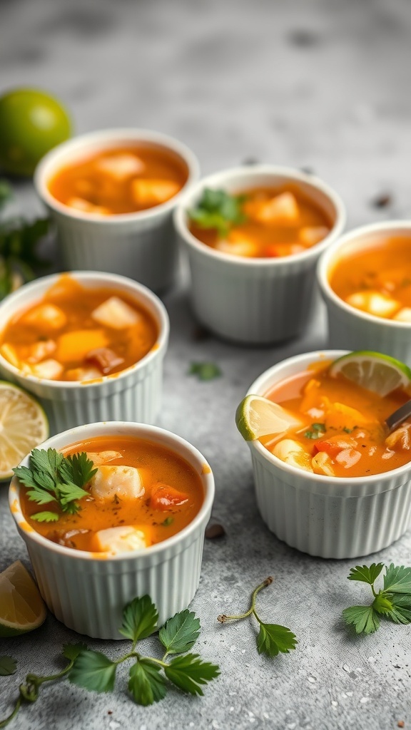 Small bowls of Sancocho, a hearty Puerto Rican stew, garnished with cilantro and lime.