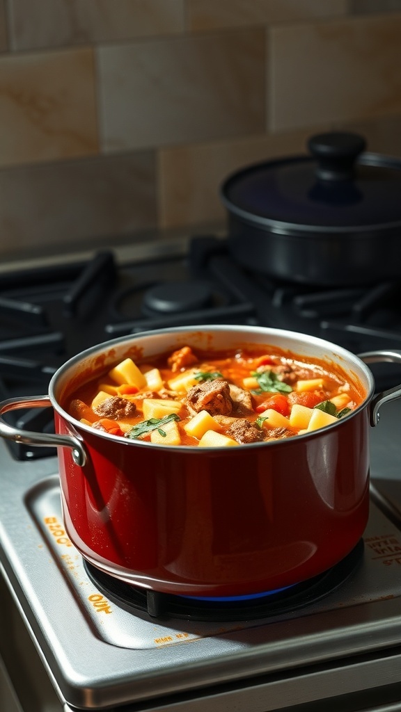 A red pot filled with lasagna soup on a stove, showcasing a hearty meal.