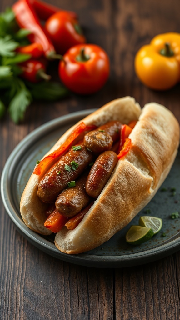 A delicious sausage and peppers hoagie on a plate, garnished with lime and surrounded by fresh vegetables.
