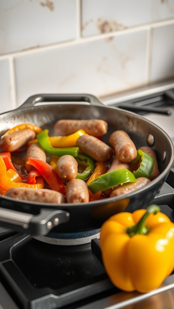 A skillet with sausages and colorful bell peppers, with a yellow bell pepper on the side.