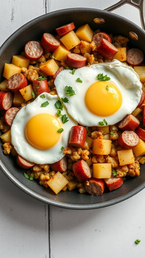 A pan filled with sausage, diced potatoes, and two sunny-side-up eggs, garnished with parsley.