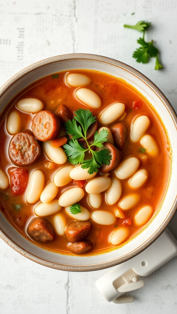 A bowl of sausage and white bean stew with fresh herbs on top.