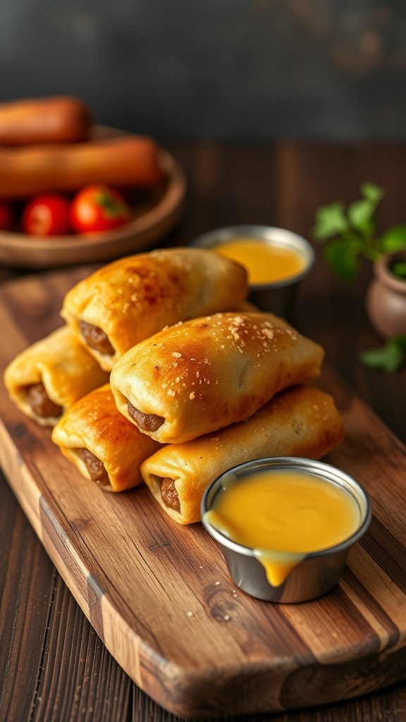 A wooden platter with golden sausage rolls and a small bowl of cheese sauce.