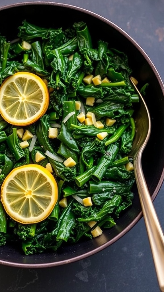 A bowl of sautéed kale with lemon slices and garlic pieces.