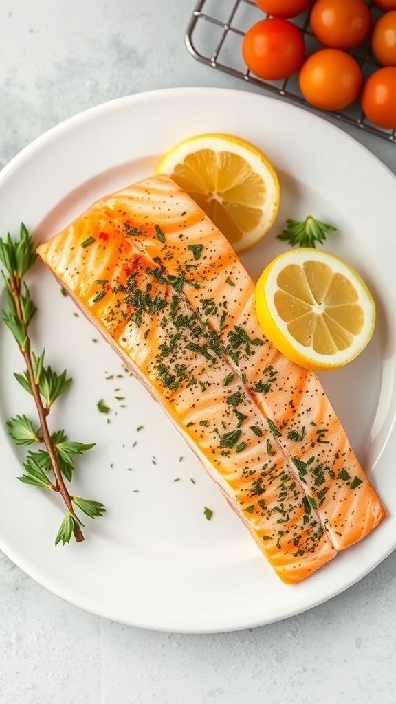 Air fryer salmon fillets with lemon and herbs on a plate