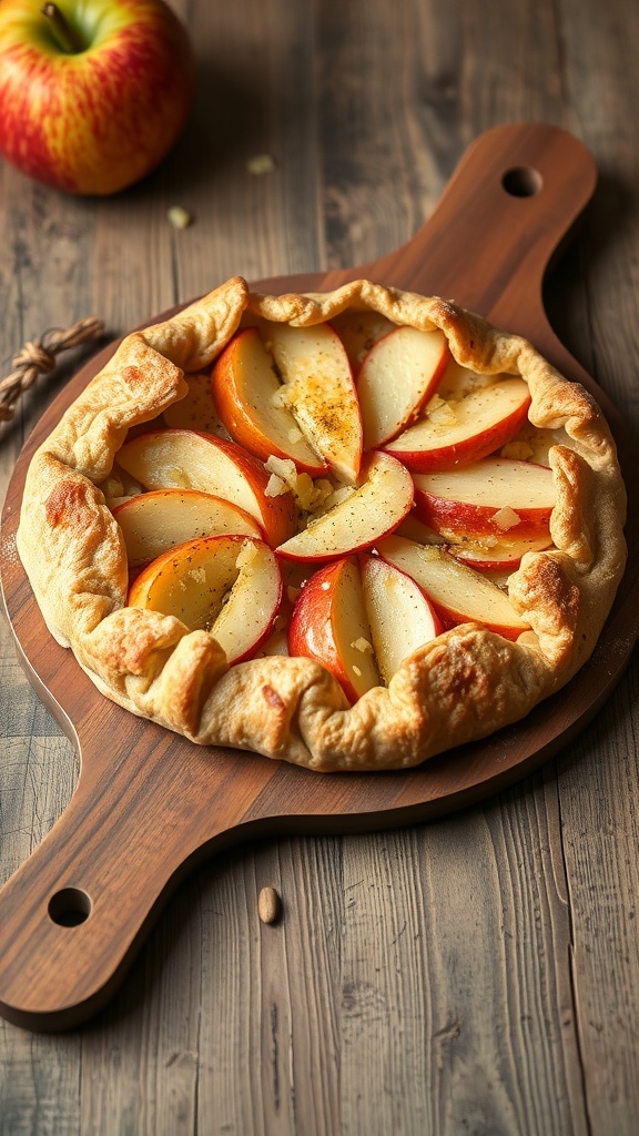 Savory apple and cheddar galette on a wooden board with fresh apples in the background.