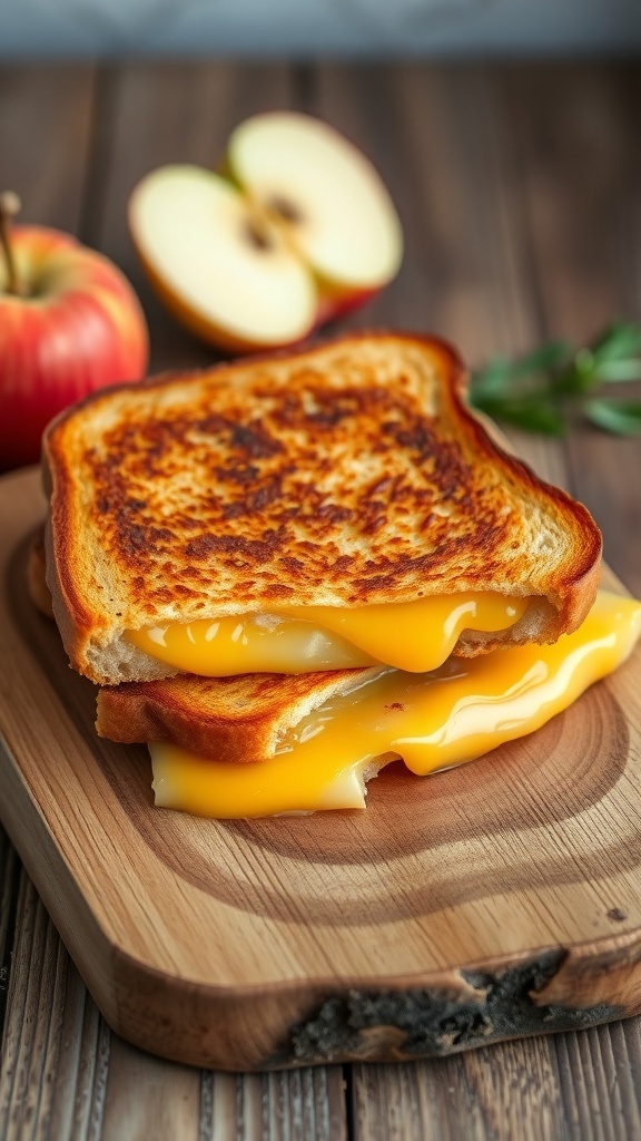 A delicious grilled cheese sandwich with melted cheddar and apple slices, served on a wooden board with fresh apples in the background.