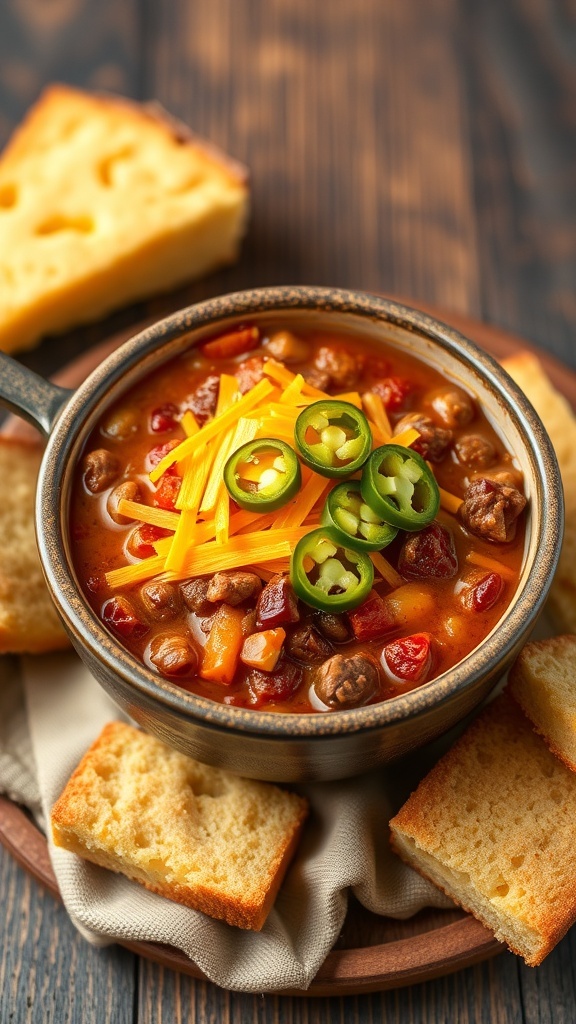 A bowl of beef chili topped with cheese and jalapeños, surrounded by slices of bread.