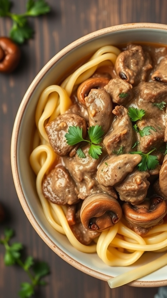 A bowl of beef stroganoff with mushrooms served over noodles, garnished with parsley.