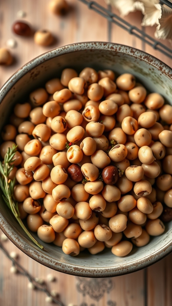 A bowl of dried black-eyed peas with some scattered around.