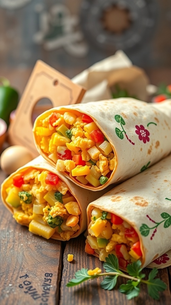 Three savory breakfast burritos filled with scrambled eggs and colorful vegetables on a wooden table.