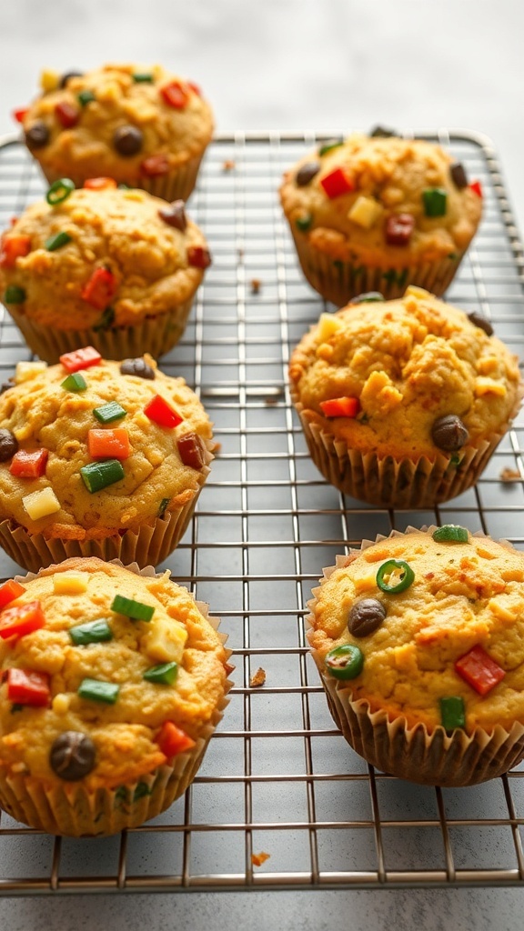 Savory breakfast muffins with colorful veggies on a cooling rack.