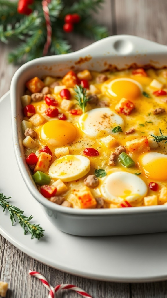 A savory breakfast strata with eggs, vegetables, and cheese, perfect for Christmas morning.