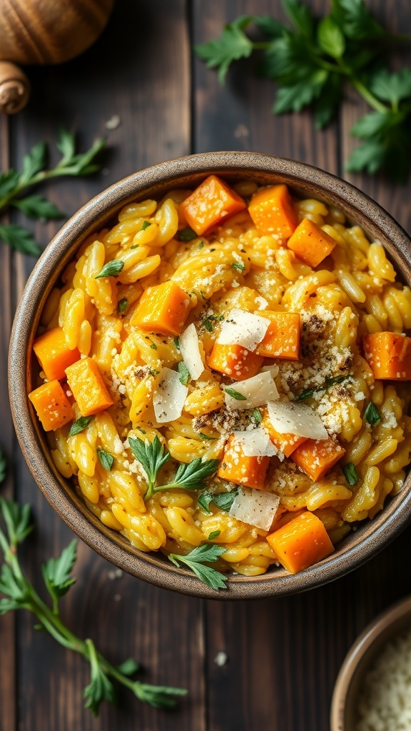 A bowl of creamy butternut squash risotto topped with diced squash and herbs.