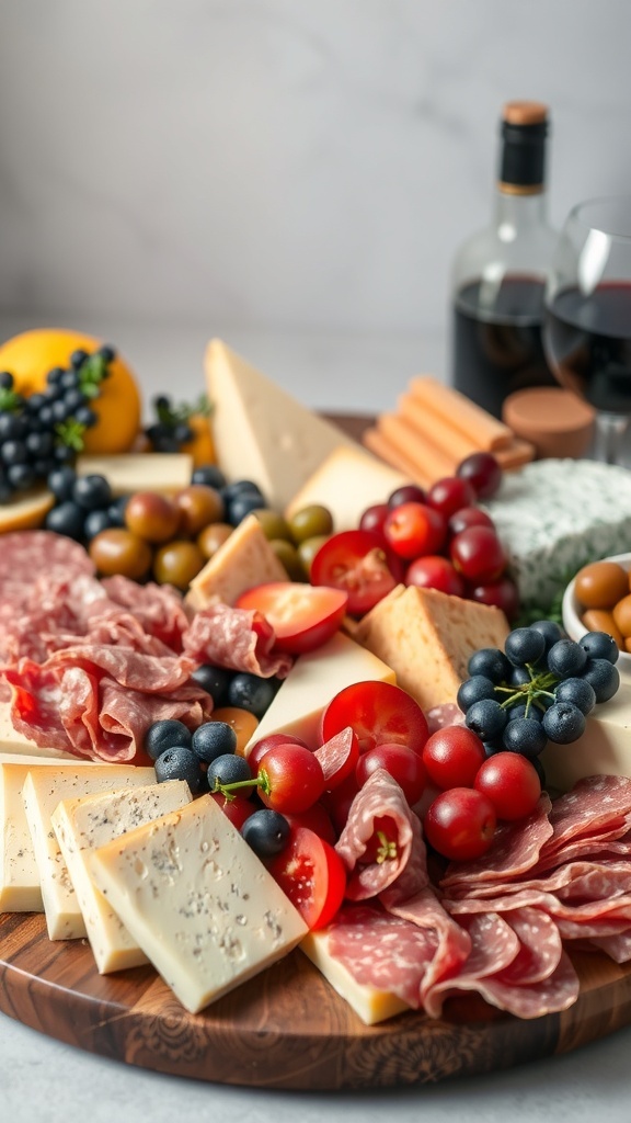 A beautifully arranged cheese and charcuterie board featuring various cheeses, cured meats, fresh fruits, and nuts.