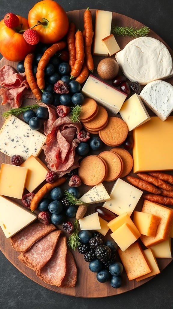 A beautifully arranged cheese and charcuterie board featuring various cheeses, cured meats, fruits, and nuts.