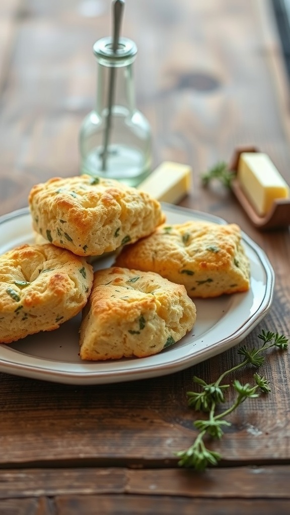 A plate of freshly baked savory cheese and herb scones on a wooden table.