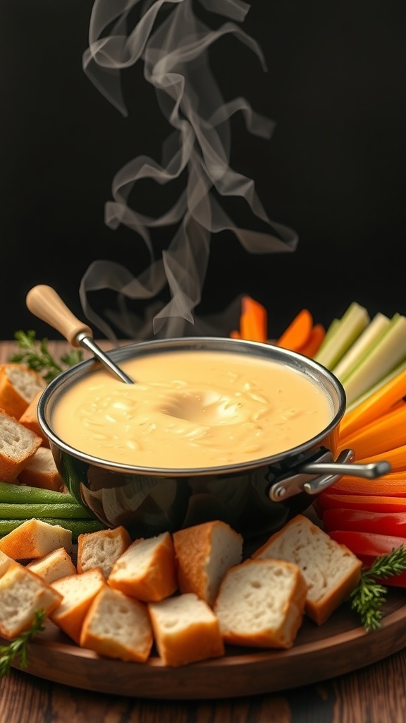 A pot of melted cheese fondue surrounded by bread cubes and fresh vegetables.