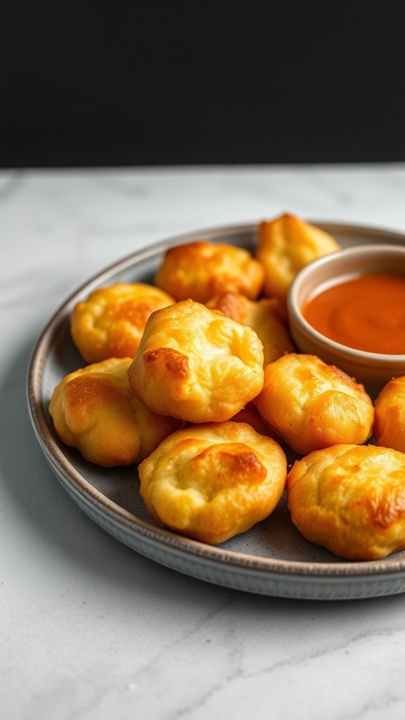 A plate of golden cheese puffs with a dipping sauce