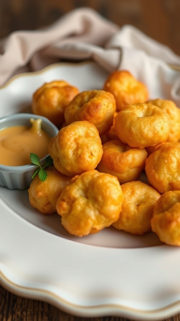 A plate of golden cheese puffs with a small bowl of dipping sauce