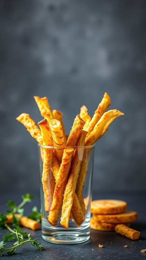 A glass filled with golden-brown cheese straws, with some straws leaning against the glass and a few round pieces nearby.