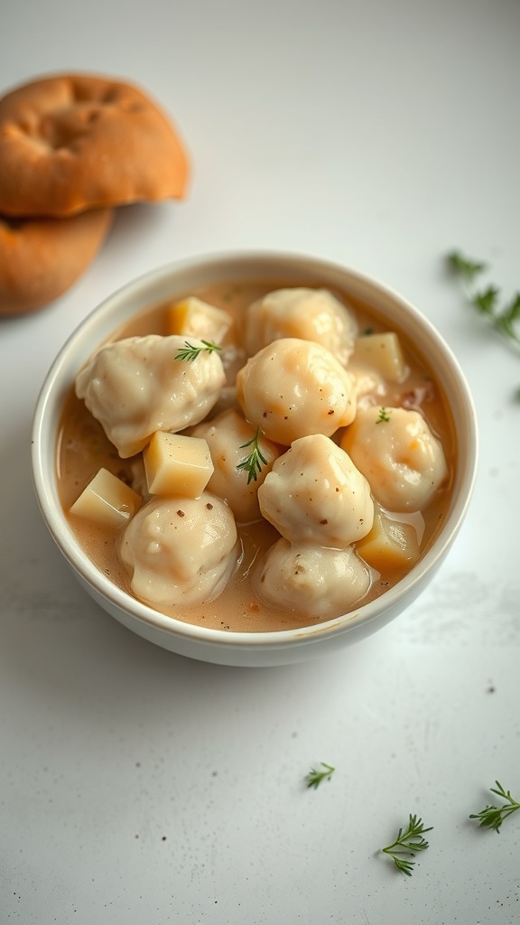 A bowl of chicken and dumplings with creamy broth and dumplings, accompanied by bread rolls.