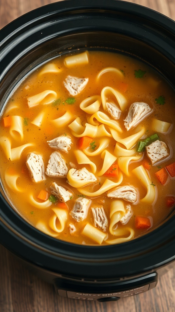 A close-up view of chicken noodle soup in a crock pot, featuring noodles, chicken pieces, and vegetables.