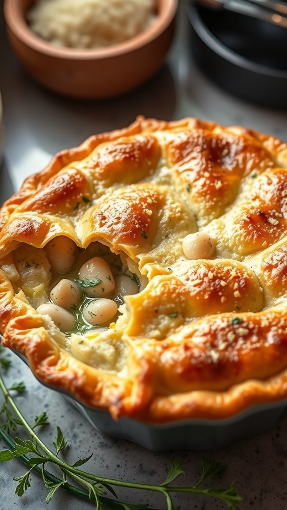 A freshly baked chicken pot pie with a golden flaky crust, showing a portion cut out to reveal the creamy filling inside.