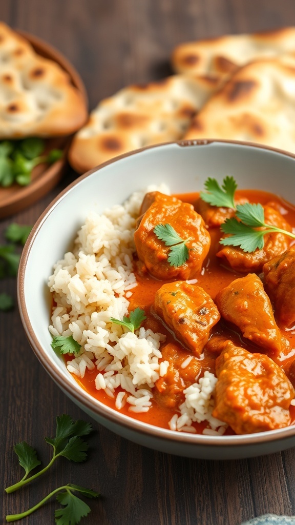 A bowl of Chicken Tikka Masala with rice and naan bread on the side.
