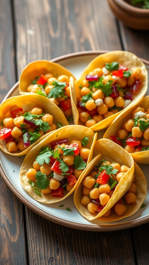 Colorful chickpea salad cups filled with veggies and herbs on a plate.