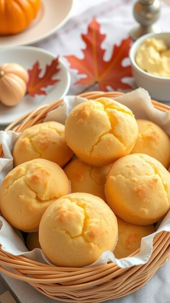 A basket of golden cornbread muffins surrounded by autumn decorations.