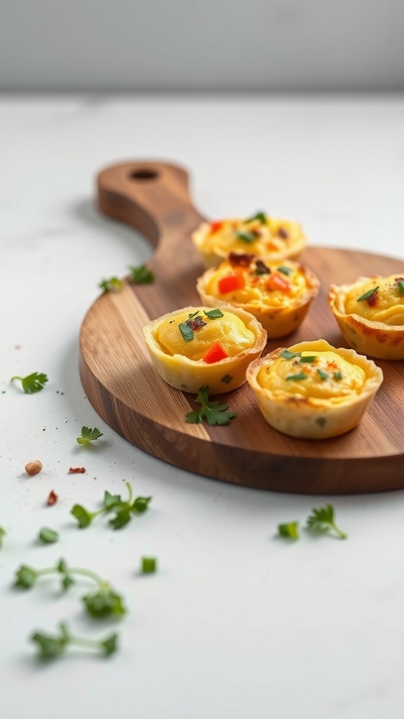 Savory egg muffins on a wooden board with fresh herbs and vegetables