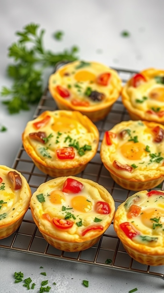 Savory egg muffins with colorful vegetables on a cooling rack.