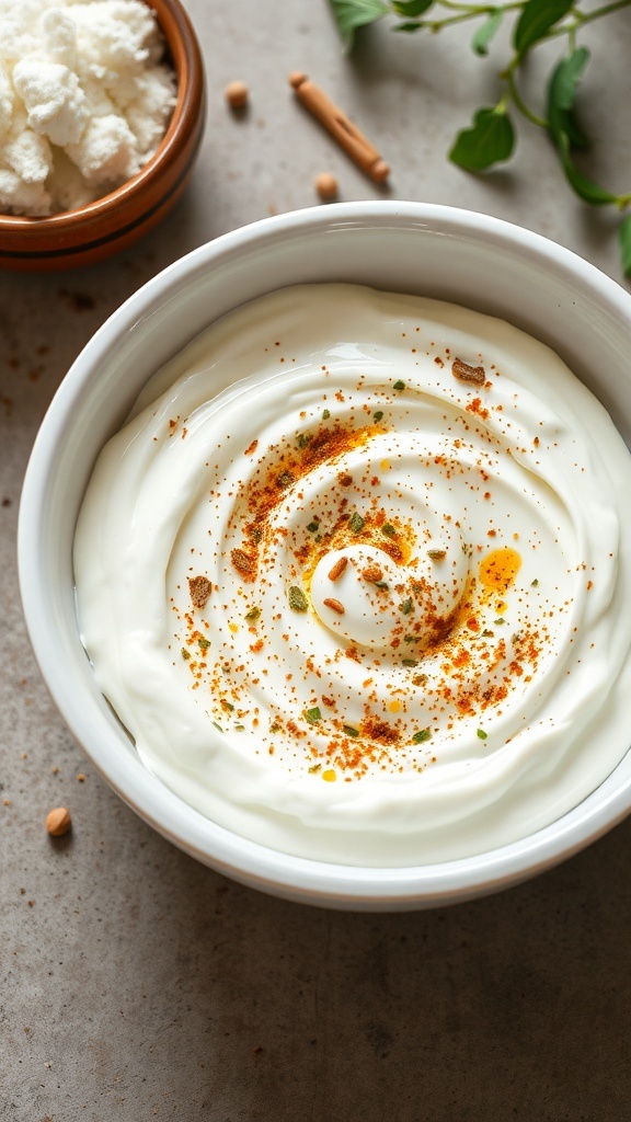 A bowl of creamy Greek yogurt topped with herbs and spices, showcasing a savory snack option.