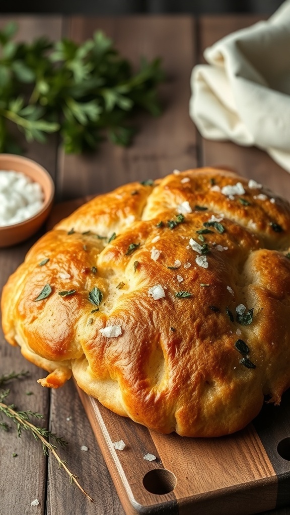 Savory herb focaccia bread with herbs on top, placed on a wooden board.
