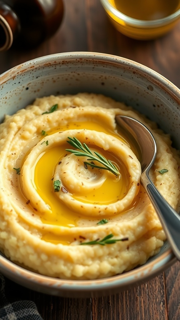 A bowl of creamy polenta swirled with olive oil and garnished with herbs.