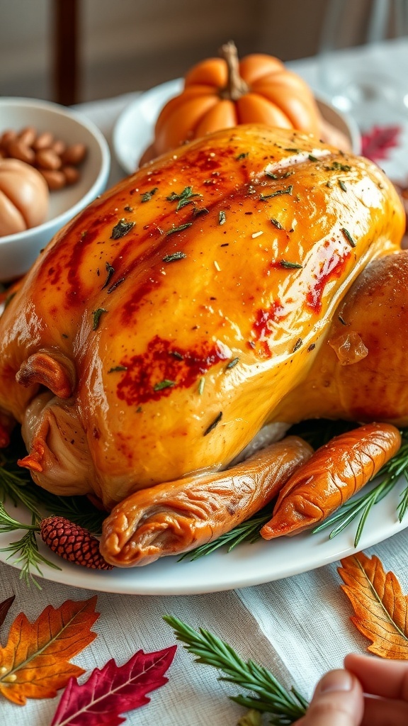 A beautifully roasted turkey surrounded by festive decorations for Friendsgiving.