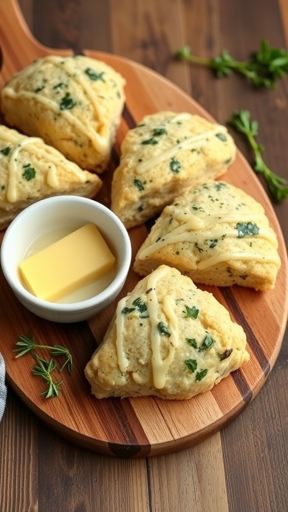 Savory herb scones on a wooden platter with butter