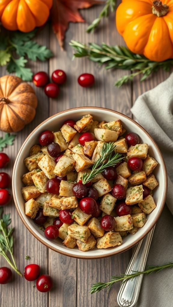 A bowl of savory herb stuffing with cranberries, surrounded by pumpkins and autumn leaves.