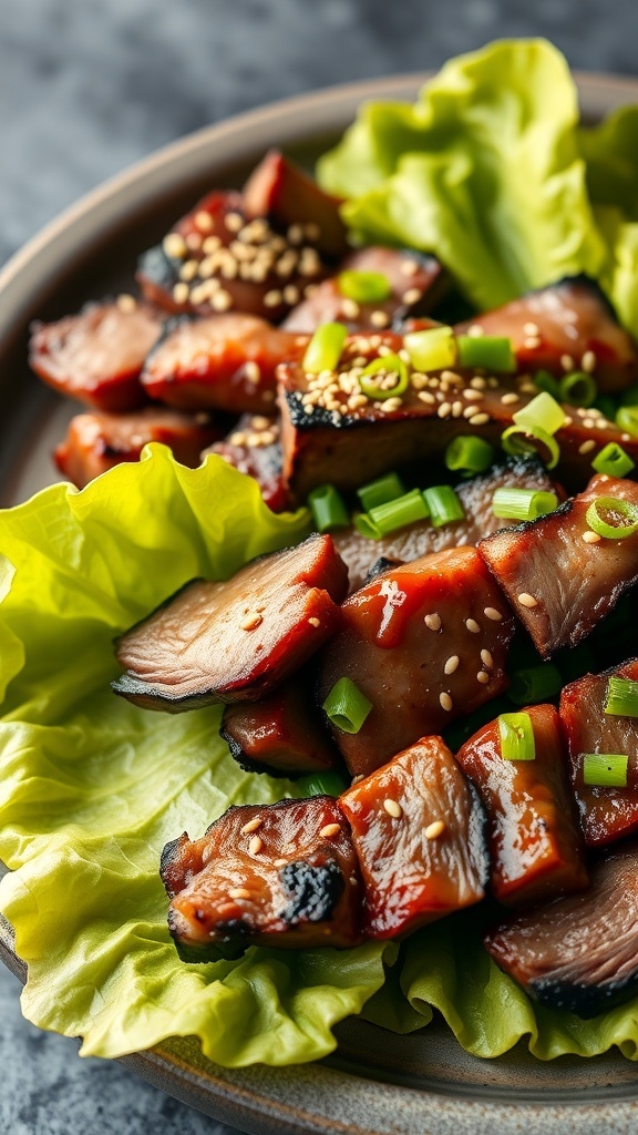 Korean BBQ beef served on lettuce with sesame seeds and green onions
