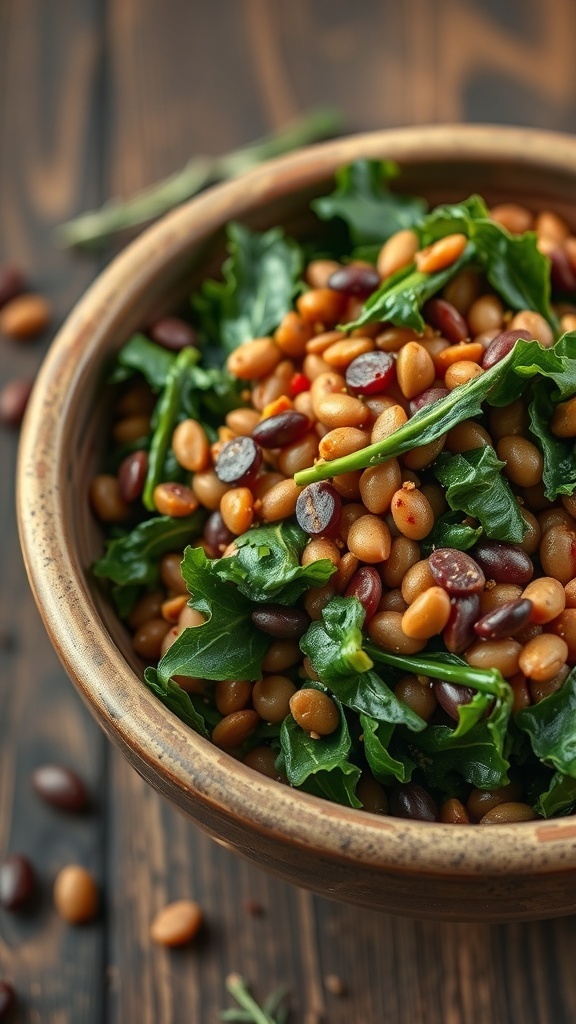 A bowl of lentil and kale salad with colorful beans