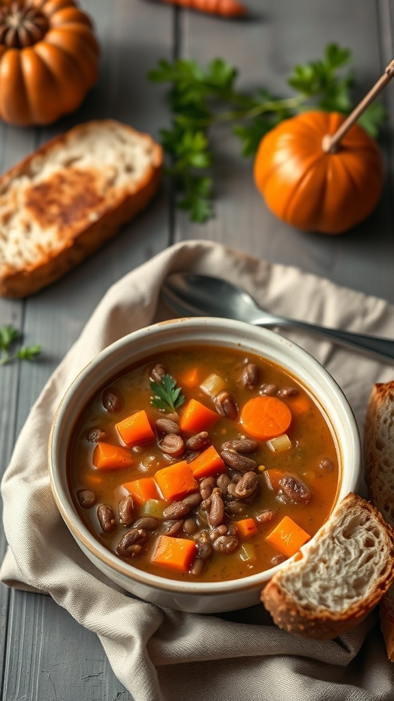 A bowl of savory lentil soup with carrots and beans, surrounded by fresh ingredients and slices of bread.