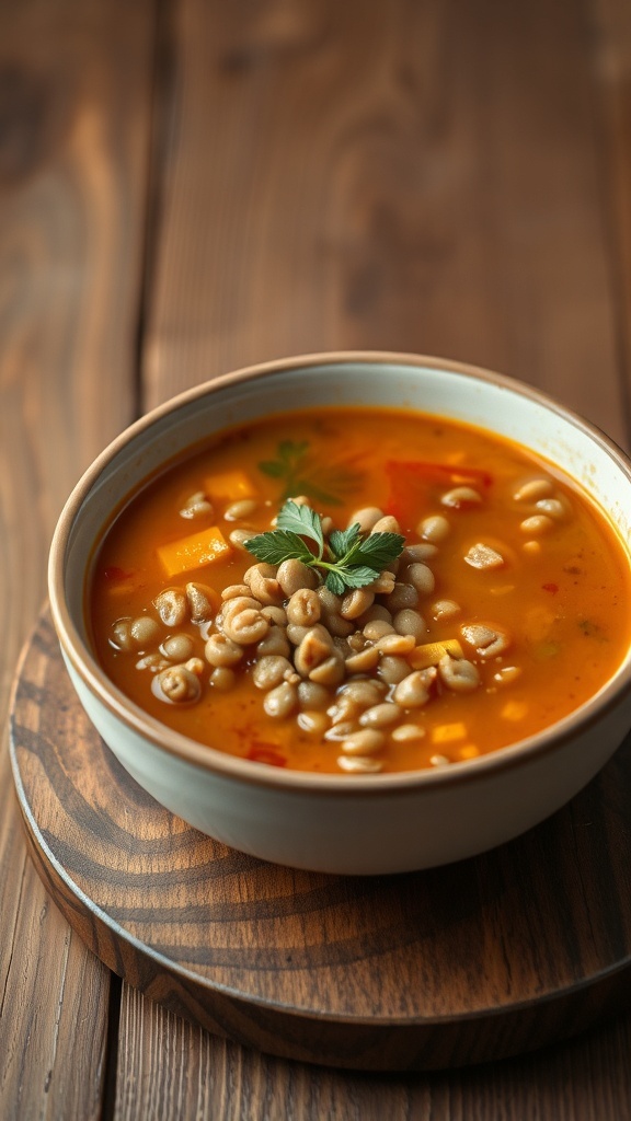 A bowl of lentil soup with herbs on top, served on a wooden table.