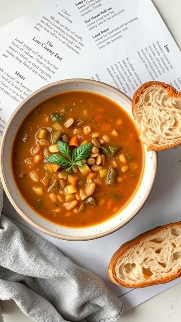 A bowl of lentil soup with vegetables and a piece of crusty bread on the side, resting on a recipe page.
